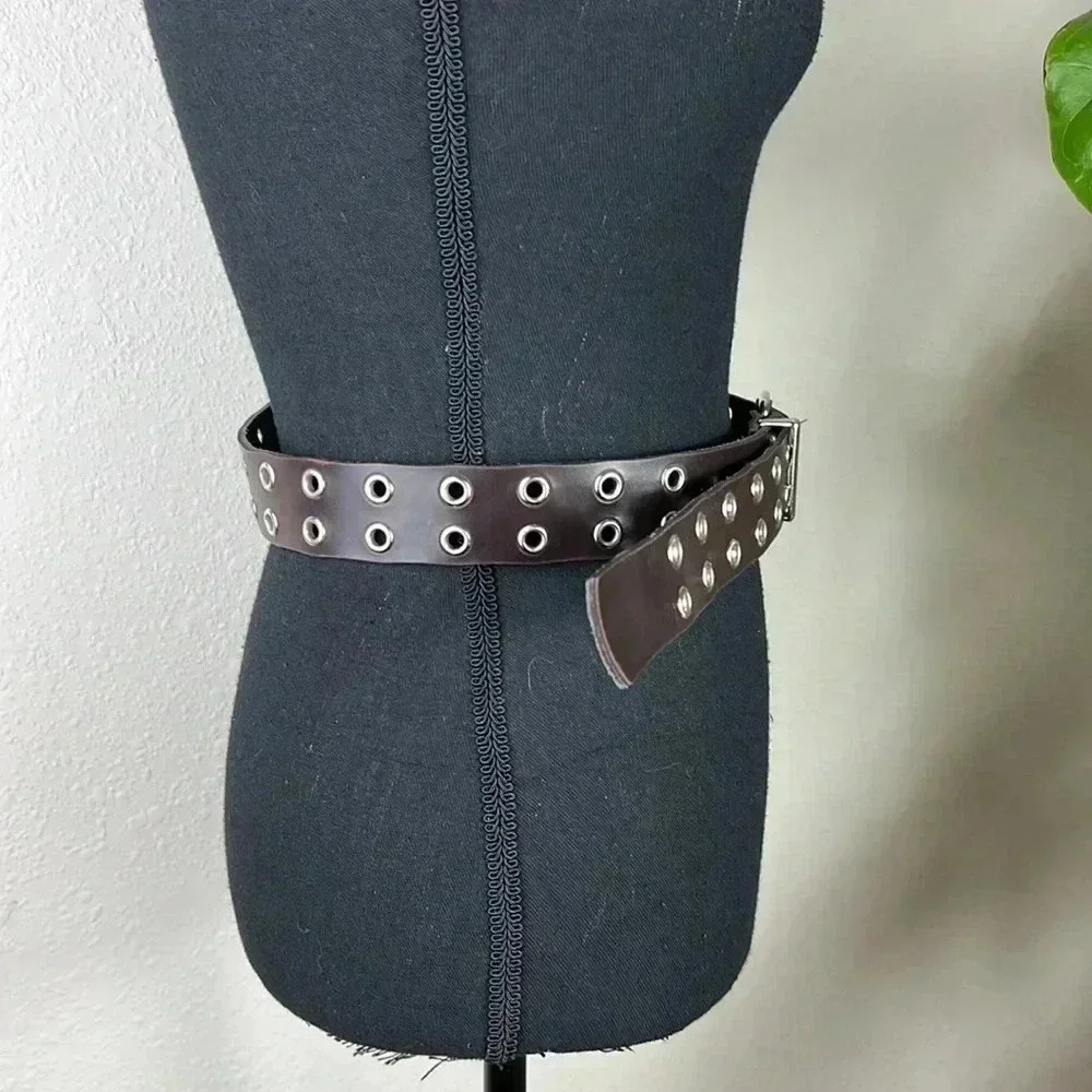 Brown Vegan Leather Double Silver Tone Grommet and Buckle Belt Large